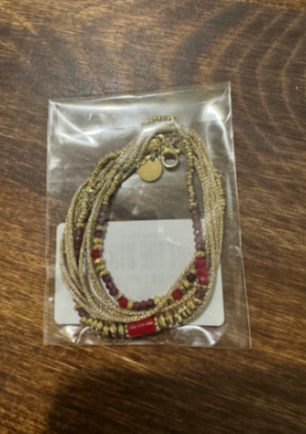 BRACELET RIM 2 TOURS -Cordons dorés, grenat naturel & corail rouge
