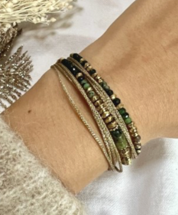 BRACELET RIM 2 TOURS -Cordons, Spinelle vert brillant & Rubis zoisite