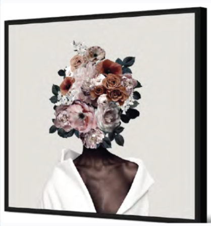 Toile + cadre femme noir fleurs 80x80cm