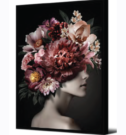 Toile + cadre noir femme fleurs