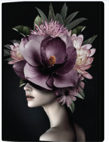 Toile femme fleurs + cadre noir